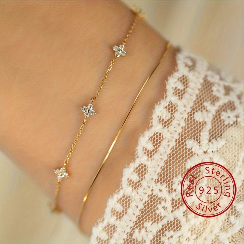 Elegant Sterling Silver 925 Bracelet with zirconia Flower Charms - Simple Classic Design, No Plating, Ideal for Daily Wear, Perfect Mother'S Day Gift