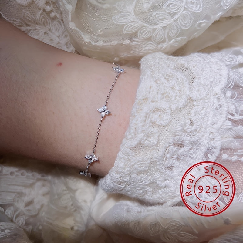 Elegant Sterling Silver 925 Bracelet with zirconia Flower Charms - Simple Classic Design, No Plating, Ideal for Daily Wear, Perfect Mother'S Day Gift