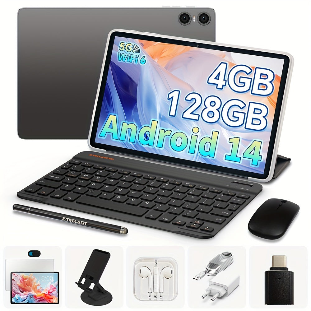 Teclast P30T Tablet 2024 Newest Android 14 10.1 Inch, 4GB RAM+128GB ROM With 1TB Expand Tablet PC, 2 In 1 Tablets With Keyboard, Teclast Case, Protective Film, Wireless Mouse, Earphones, 6000mAh Battery, 1280x800 IPS Display