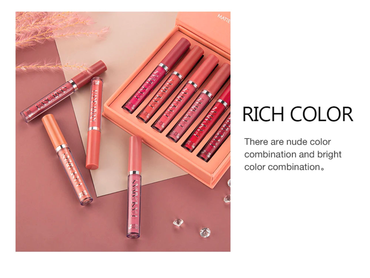 HANDAIYAN Set aus 6 flüssigen Lippenstift mit Antihaft becher, langlebiger Lipgloss-Geschenkbox-mattem Lip gloss