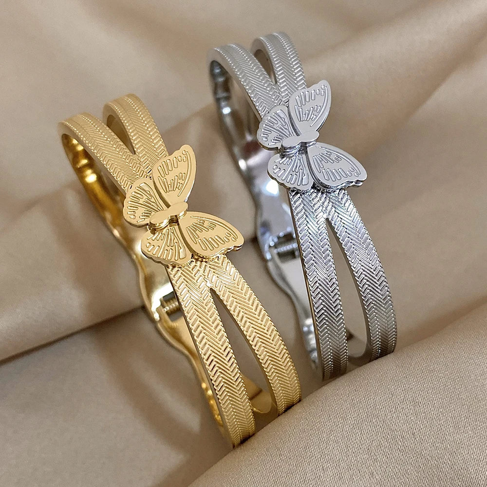 Trendy Butterfly Stainless Steel Charm Bracelet For Women Girls Sweet Gold Silver Color Waterproof Cuff Bangle Party Jewelry