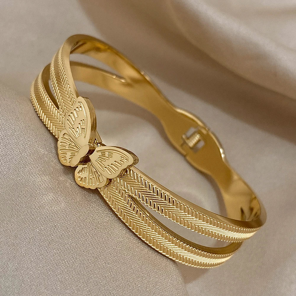 Trendy Butterfly Stainless Steel Charm Bracelet For Women Girls Sweet Gold Silver Color Waterproof Cuff Bangle Party Jewelry