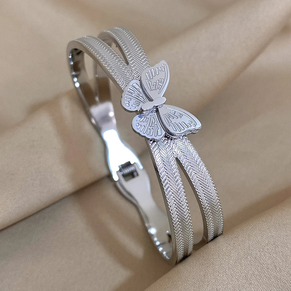 Trendy Butterfly Stainless Steel Charm Bracelet For Women Girls Sweet Gold Silver Color Waterproof Cuff Bangle Party Jewelry