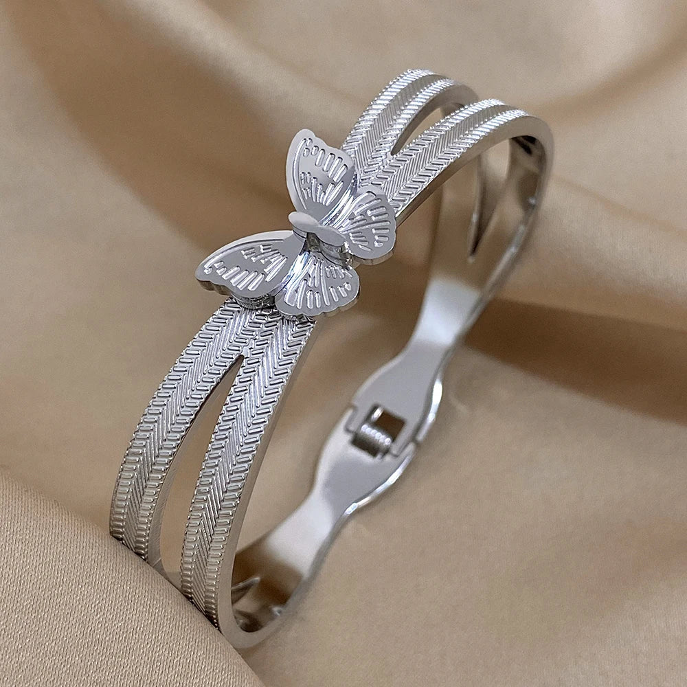 Trendy Butterfly Stainless Steel Charm Bracelet For Women Girls Sweet Gold Silver Color Waterproof Cuff Bangle Party Jewelry