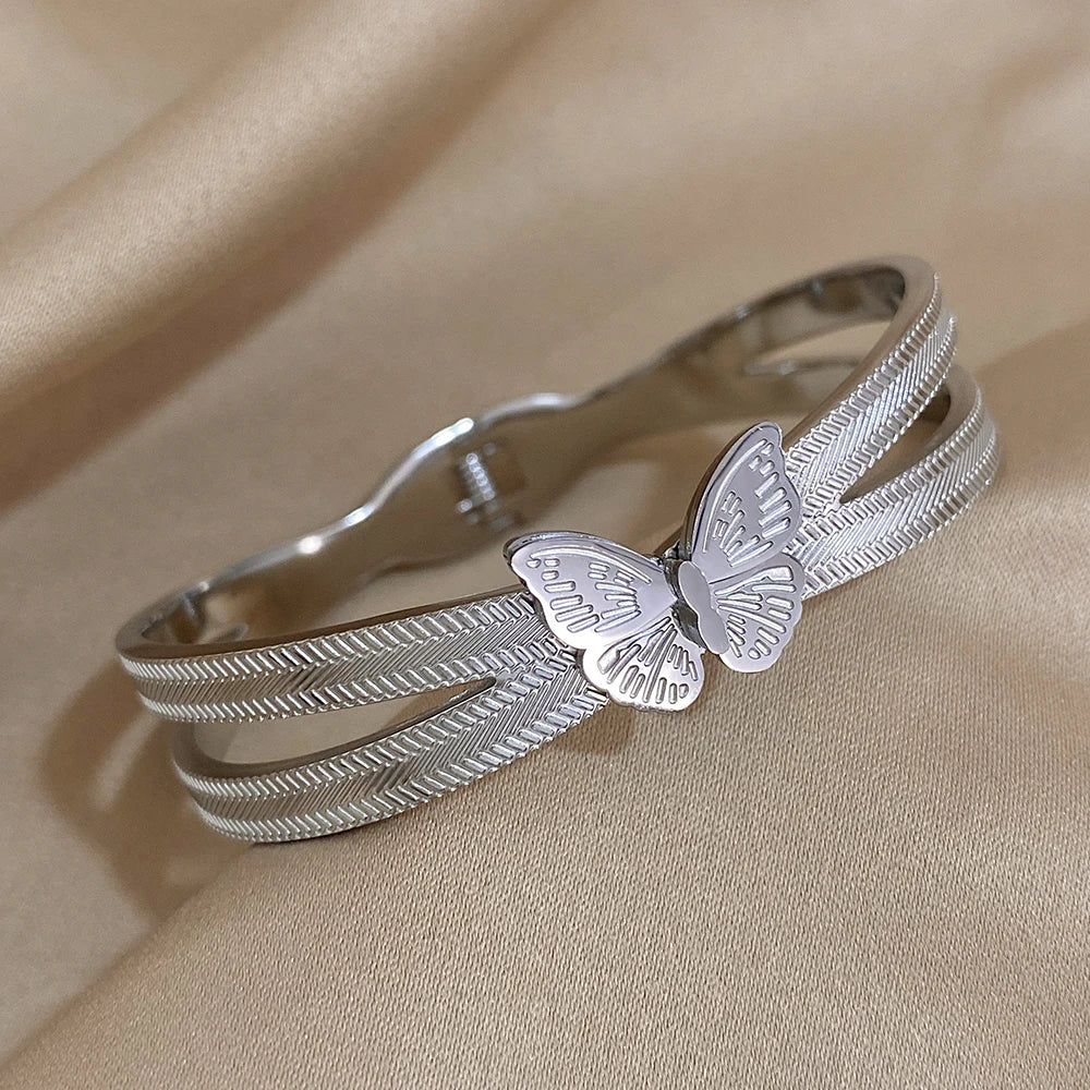 Trendy Butterfly Stainless Steel Charm Bracelet For Women Girls Sweet Gold Silver Color Waterproof Cuff Bangle Party Jewelry