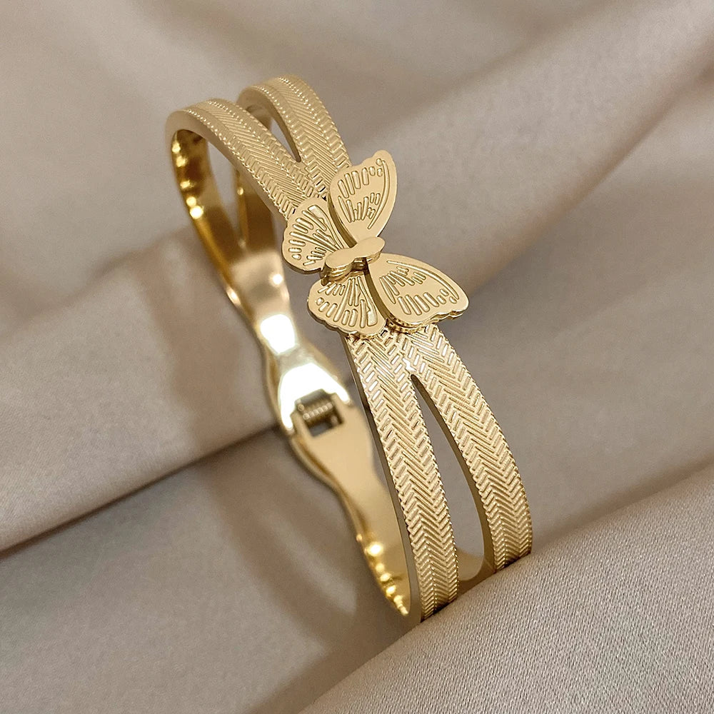 Trendy Butterfly Stainless Steel Charm Bracelet For Women Girls Sweet Gold Silver Color Waterproof Cuff Bangle Party Jewelry