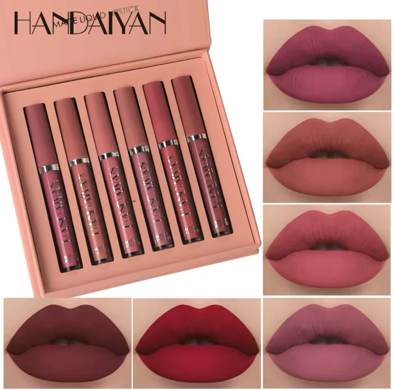 HANDAIYAN Set aus 6 flüssigen Lippenstift mit Antihaft becher, langlebiger Lipgloss-Geschenkbox-mattem Lip gloss