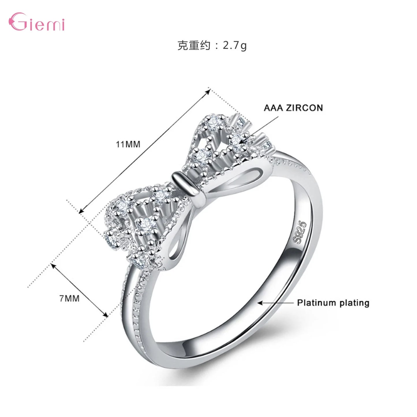 925 Sterling Silver Bow Knot Cubic Zirconia Rhinestone Rings For Women Fashion Trendy Engagement Jewelry