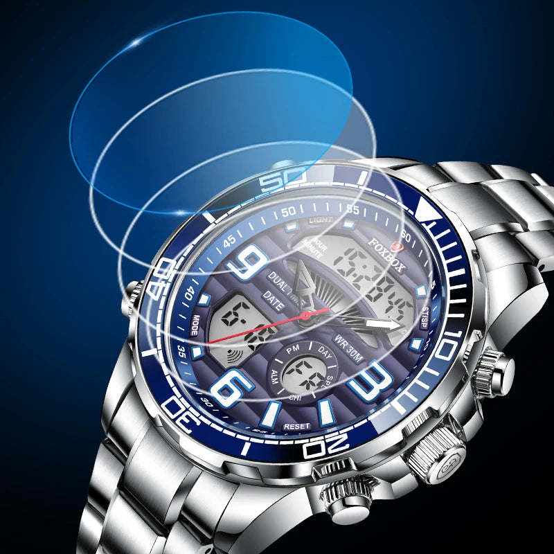 LIGE Brand Foxbox Digital Mens Watches Top Luxury Sport Quartz Wristwatch For Men All Steel Military Waterproof Clock+Box