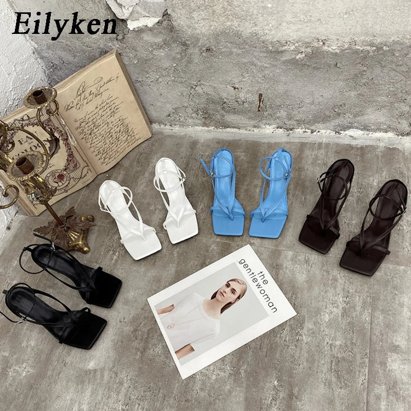 Eilyken New Fashion Pinch Narrow Band Women Sandals 2025 Summer Square Open Toe Ankle Buckle Strap High Heels Ladies Shoes