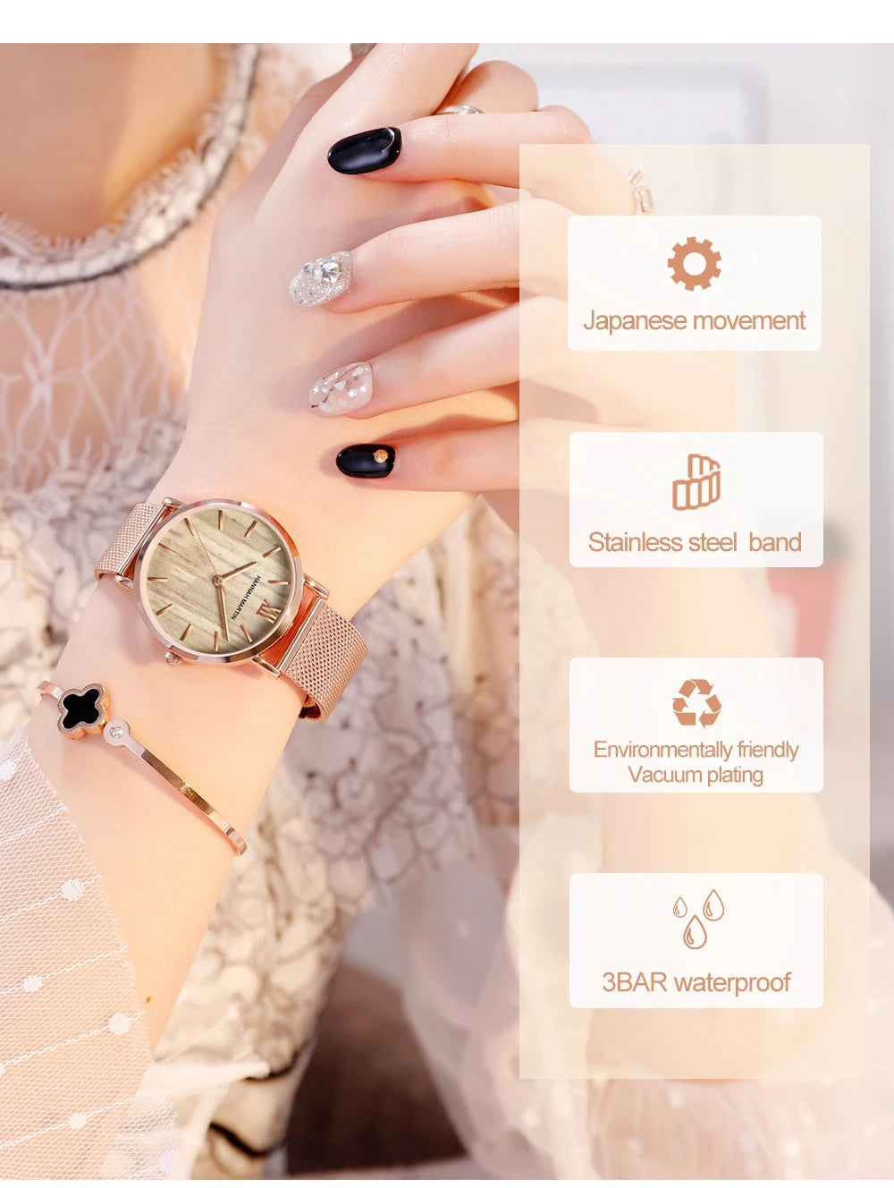 Quality Stainless Steel Band Japan Quartz Movement Waterproof Women Full Rose Gold Ladies Luxury Wrist Watch