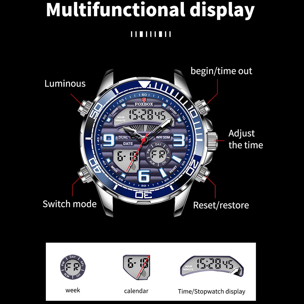 LIGE Brand Foxbox Digital Mens Watches Top Luxury Sport Quartz Wristwatch For Men All Steel Military Waterproof Clock+Box