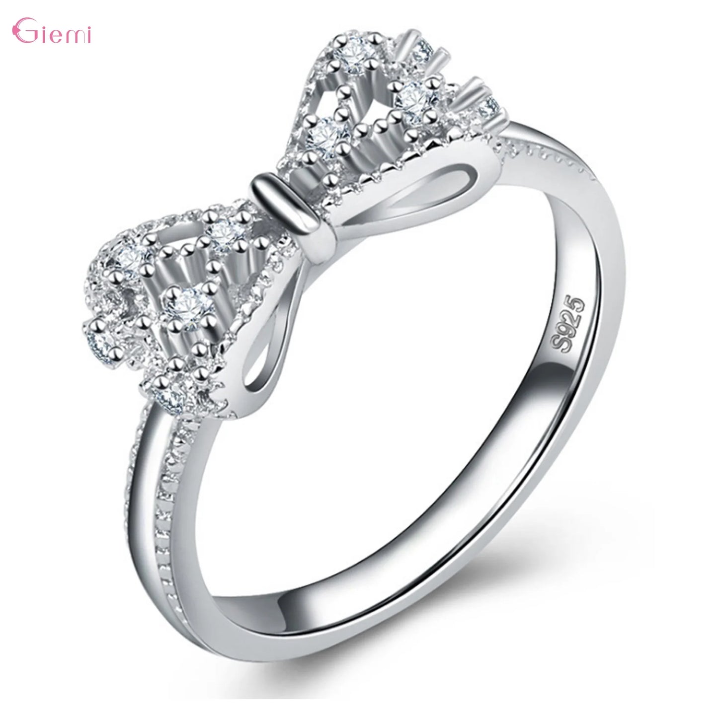 925 Sterling Silver Bow Knot Cubic Zirconia Rhinestone Rings For Women Fashion Trendy Engagement Jewelry