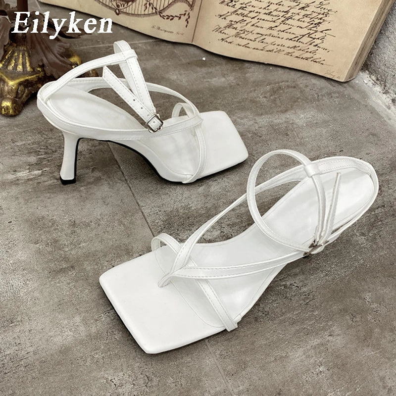 Eilyken New Fashion Pinch Narrow Band Women Sandals 2025 Summer Square Open Toe Ankle Buckle Strap High Heels Ladies Shoes