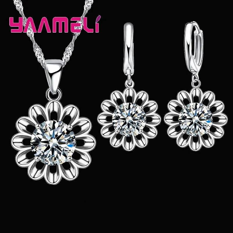 New Fashion Jewelry Set Women Top Quality 925 Sterling Silver Color Crystal Pendant Necklace Hoop Earring Big Promotion