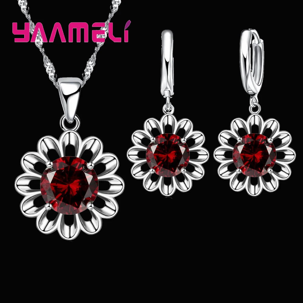 New Fashion Jewelry Set Women Top Quality 925 Sterling Silver Color Crystal Pendant Necklace Hoop Earring Big Promotion