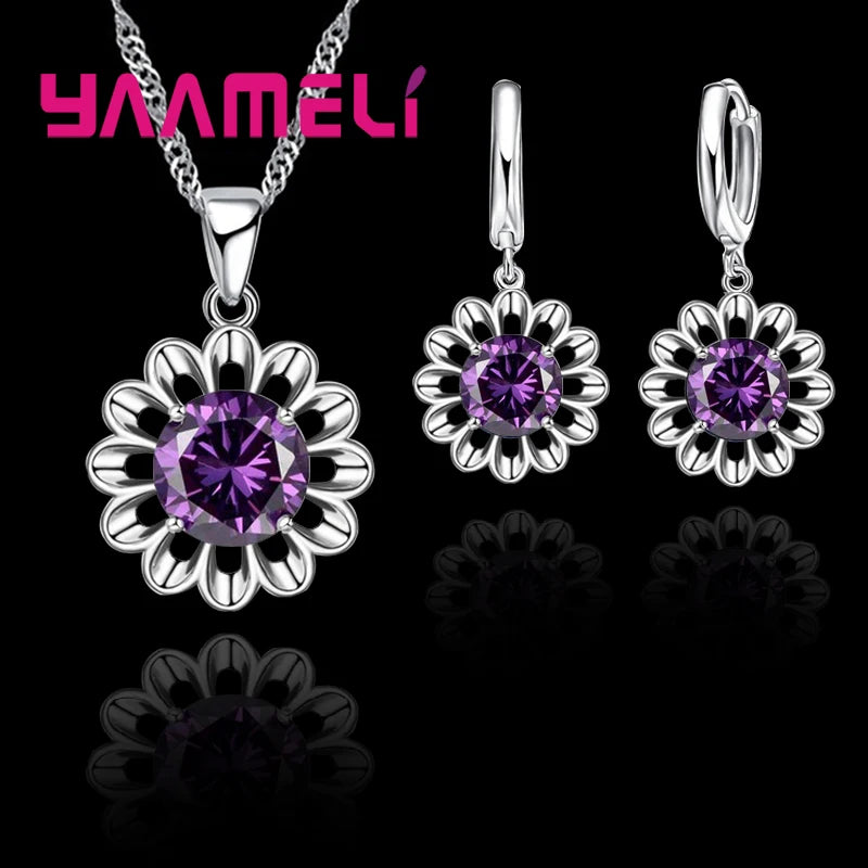 New Fashion Jewelry Set Women Top Quality 925 Sterling Silver Color Crystal Pendant Necklace Hoop Earring Big Promotion