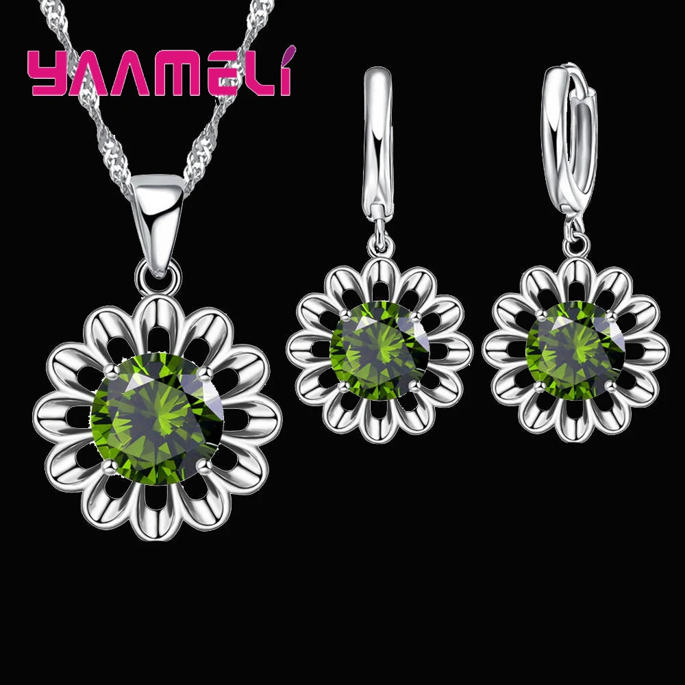 New Fashion Jewelry Set Women Top Quality 925 Sterling Silver Color Crystal Pendant Necklace Hoop Earring Big Promotion
