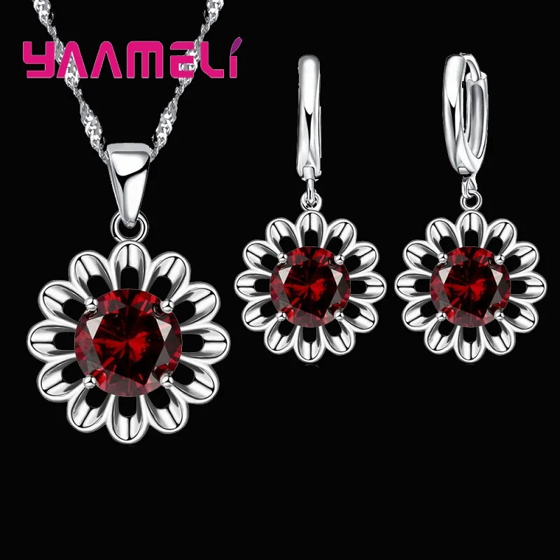 New Fashion Jewelry Set Women Top Quality 925 Sterling Silver Color Crystal Pendant Necklace Hoop Earring Big Promotion