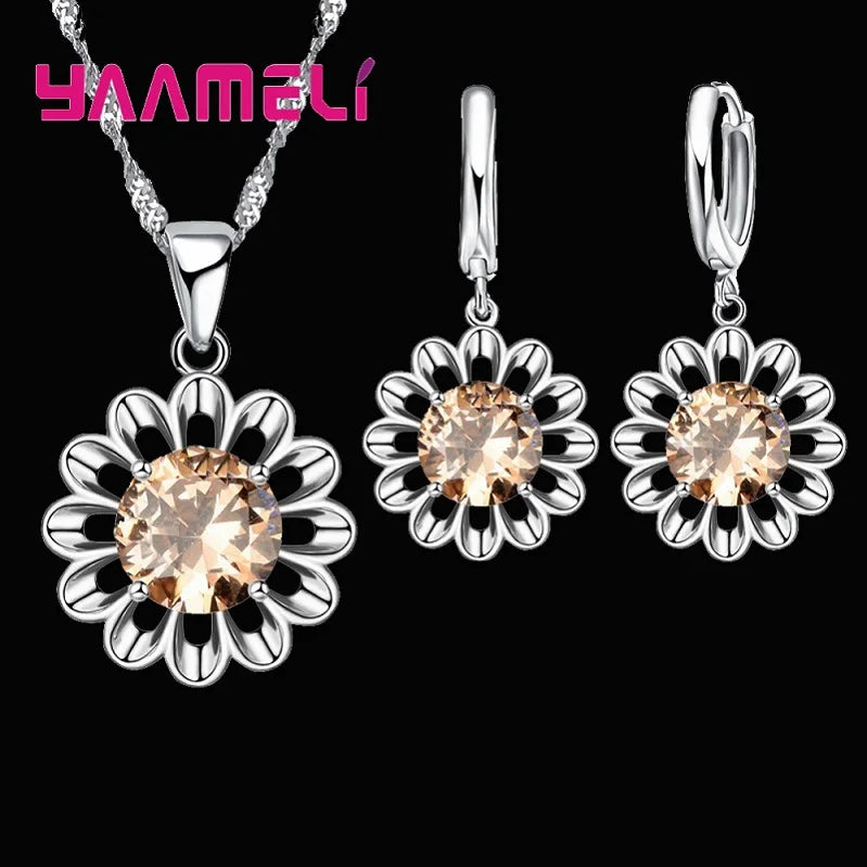 New Fashion Jewelry Set Women Top Quality 925 Sterling Silver Color Crystal Pendant Necklace Hoop Earring Big Promotion