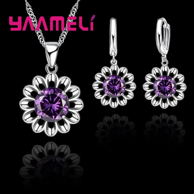 New Fashion Jewelry Set Women Top Quality 925 Sterling Silver Color Crystal Pendant Necklace Hoop Earring Big Promotion