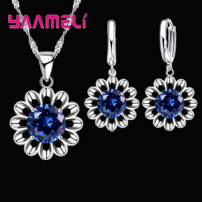 New Fashion Jewelry Set Women Top Quality 925 Sterling Silver Color Crystal Pendant Necklace Hoop Earring Big Promotion