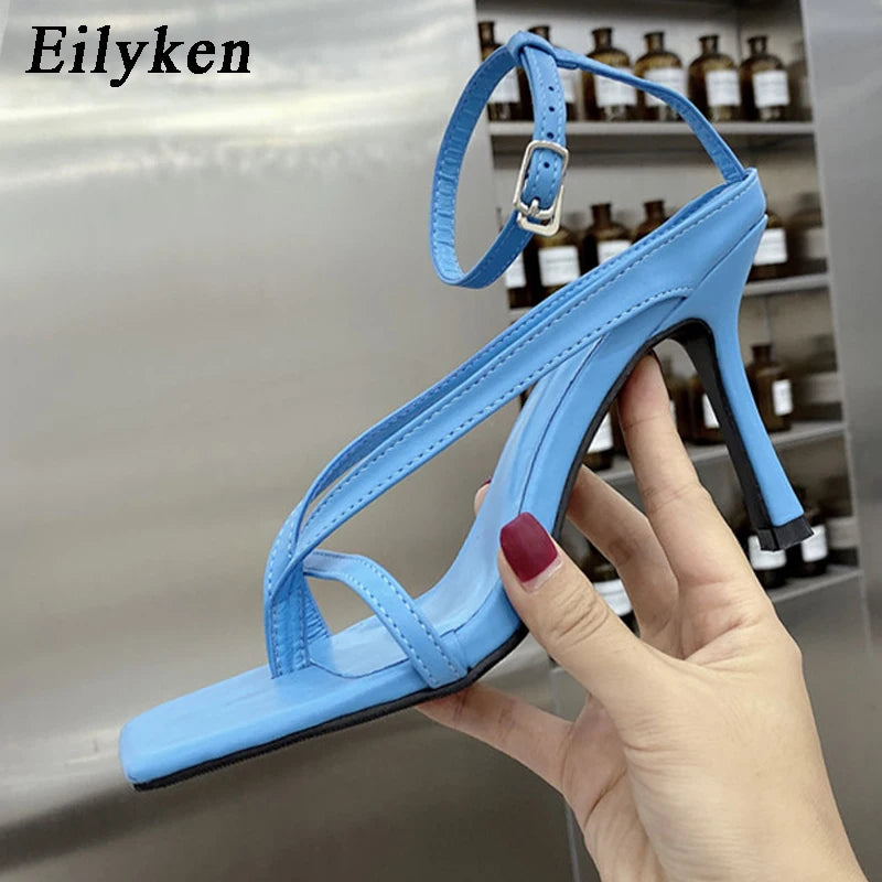Eilyken New Fashion Pinch Narrow Band Women Sandals 2025 Summer Square Open Toe Ankle Buckle Strap High Heels Ladies Shoes