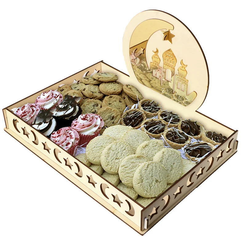 Eid Mubarak Moon Star Food Tray Wooden Ramadan Decoration 2024 Food Holder Ramadan Kareem Islamic Muslim Party Al Adha Supplies