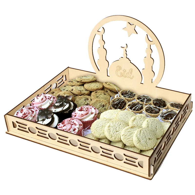 Eid Mubarak Moon Star Food Tray Wooden Ramadan Decoration 2024 Food Holder Ramadan Kareem Islamic Muslim Party Al Adha Supplies