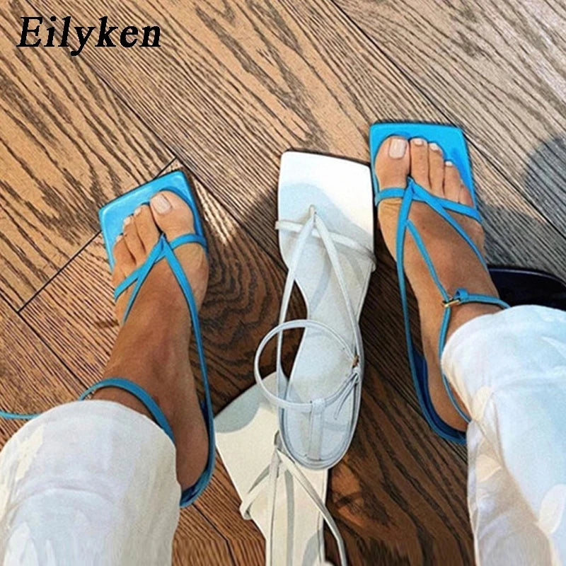 Eilyken New Fashion Pinch Narrow Band Women Sandals 2025 Summer Square Open Toe Ankle Buckle Strap High Heels Ladies Shoes