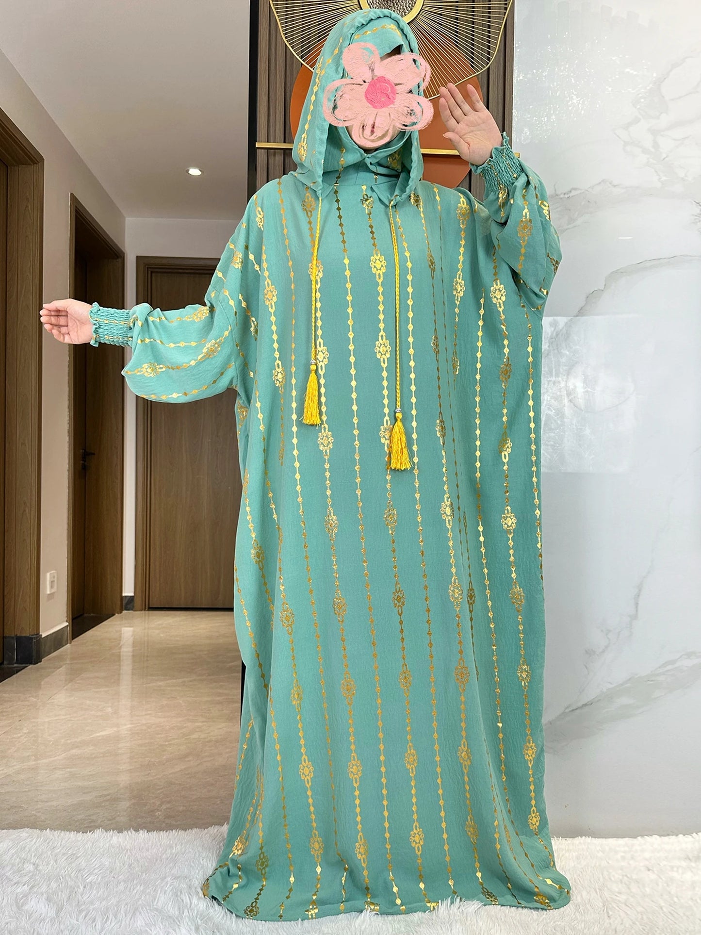 New Cotton Ramadan Muslim Two-Hat Abaya Dubai Turkey Islam Prayer Clothes Gold Dust Dress Islam Women Dress Kaftan