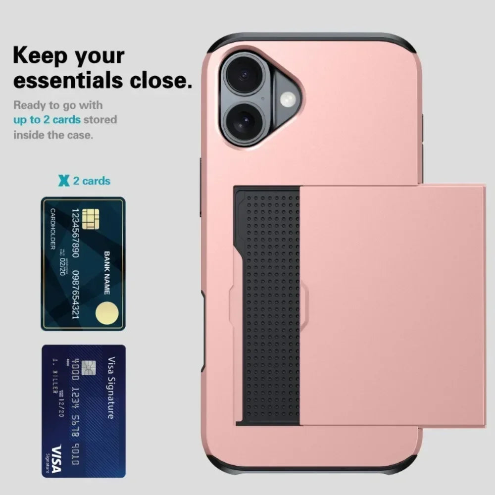 For iPhone 16 Pro Max Wallet Cover Credit Card Holder Slot Sliding Pocket Dual Layer Protective Phone Case
