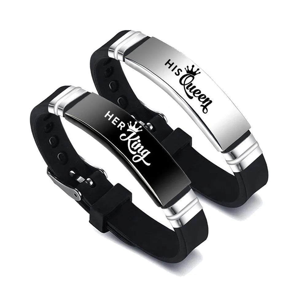 2Pcs/Set His Queen Her King Couple Bracelet Stainless Steel Adjustable Silicone Strap Bangle Valentine's Day Custom Jewelry Gift