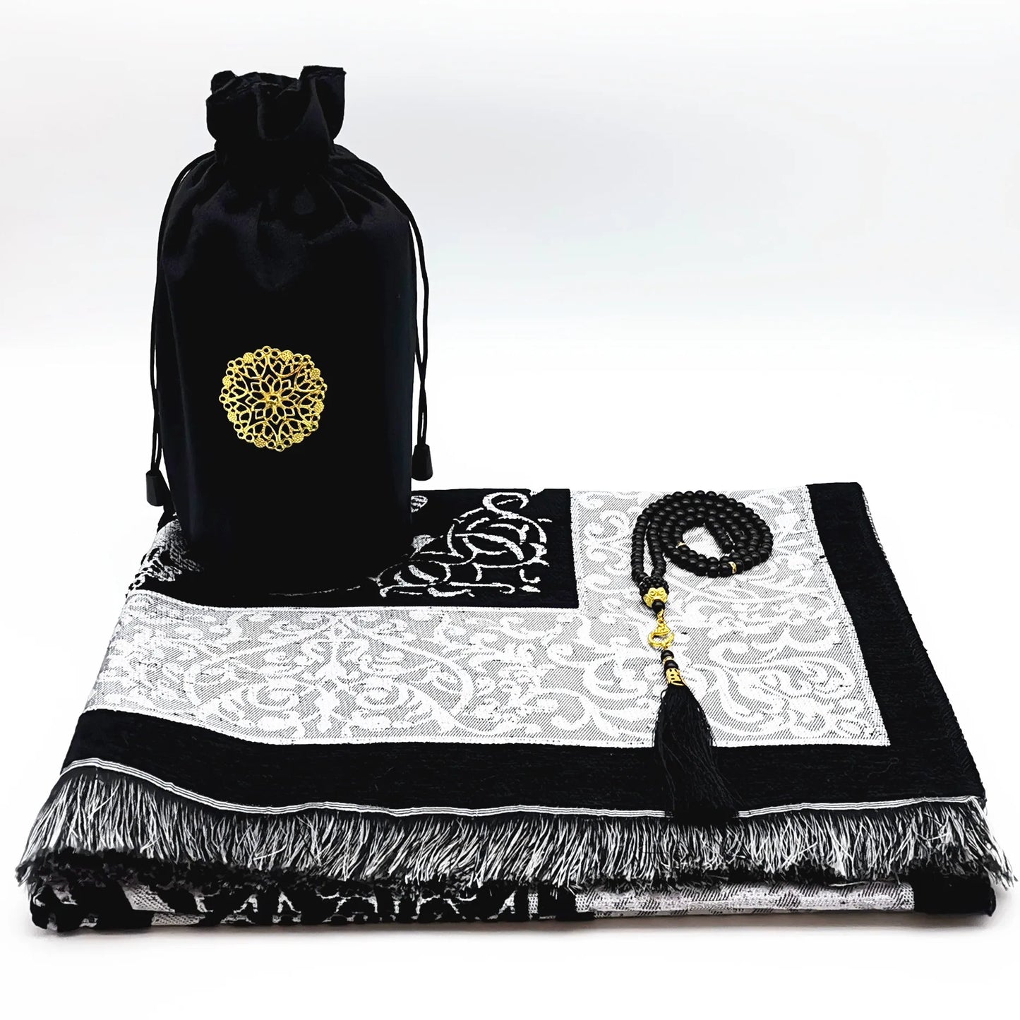 Islamic Prayer Mat With Muslim Beads and Velvet Gift Bag For Women Man