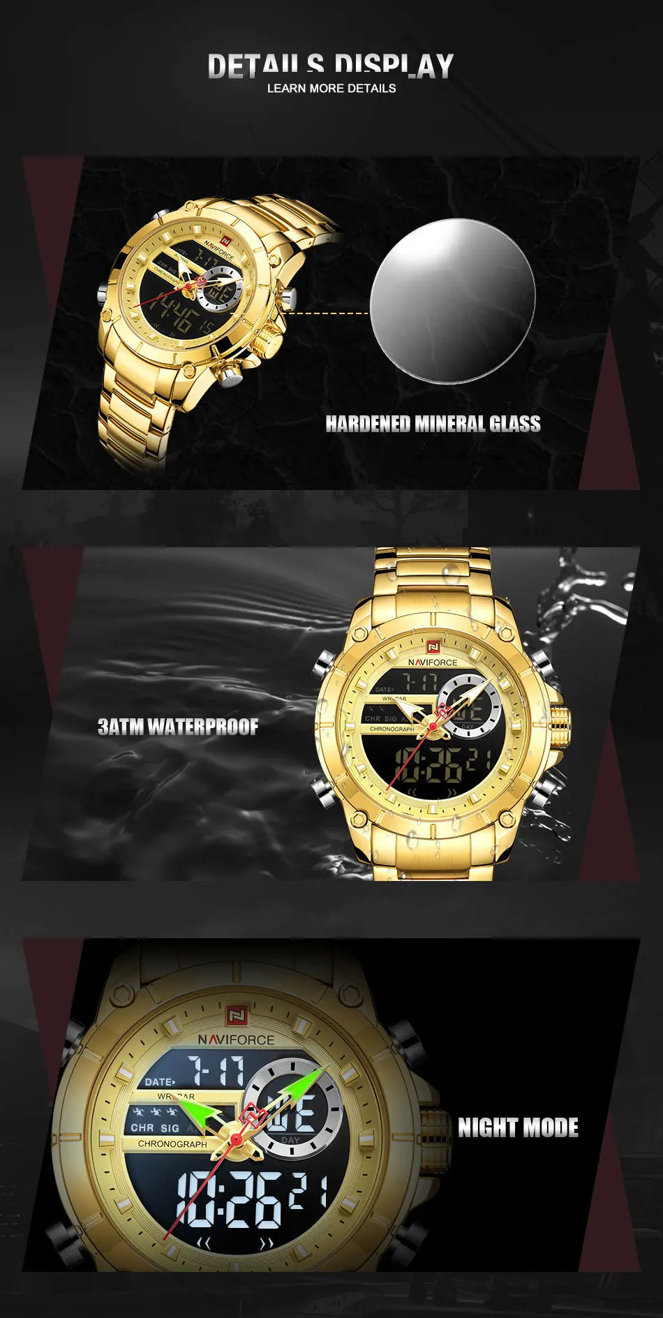 NAVIFORCE Top Luxury Quartz Wrist Watch For Men Business Steel Waterproof Sports Dual Display Military LED Digital Watches