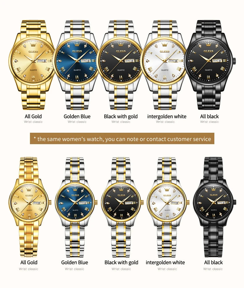 OLEVS Brand Men's Quartz Watch Stainless Steel Waterproof Luminous Fashion Strap Business Men's Quartz Wristwatch Gold Watch