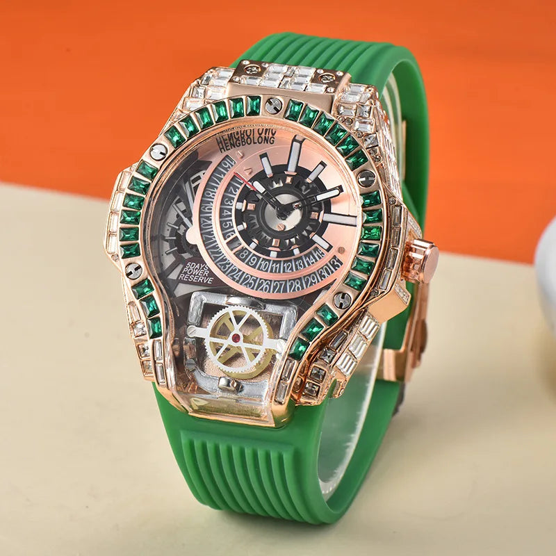 Hochwertige Iced Diamond Uhr Herren Grüner Diamant Hip Hop Stil Automatik Manuell Mechanisch Business Stil Quarzuhr