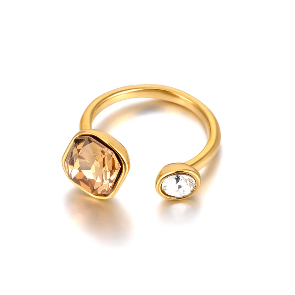 Stainless Steel Trendy Cubic Zirconia Open Adjustable Rings for Women 18K Gold Plated Waterproof Jewelry