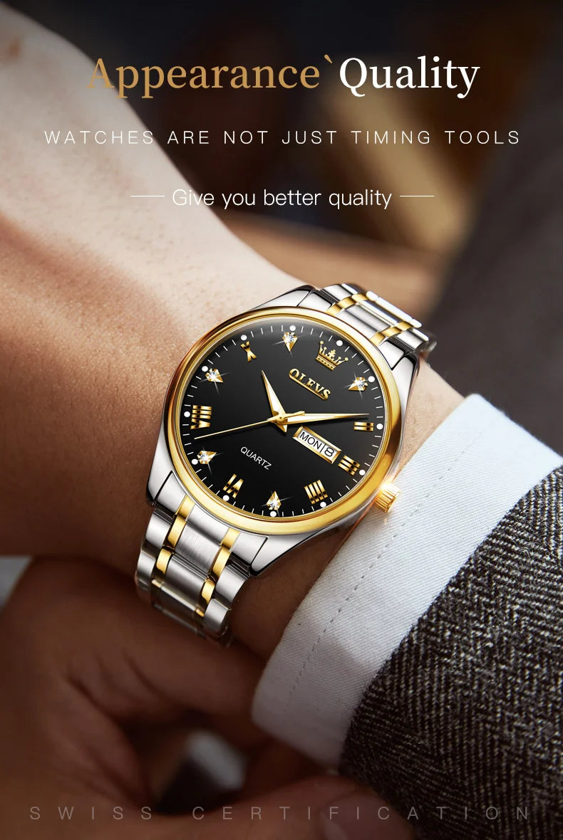 OLEVS Brand Men's Quartz Watch Stainless Steel Waterproof Luminous Fashion Strap Business Men's Quartz Wristwatch Gold Watch