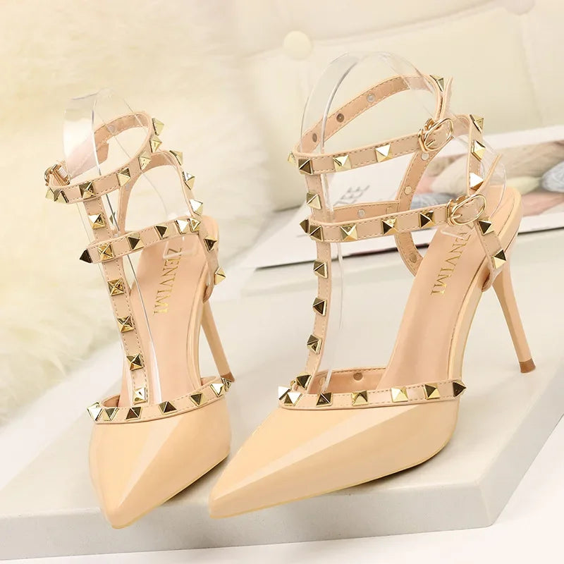 2025 Women's Shoes Rivets Sandals Female Summer Thick with Fine with High-heeled Shoes Pointed Stiletto Sexy Nightclub Shoes