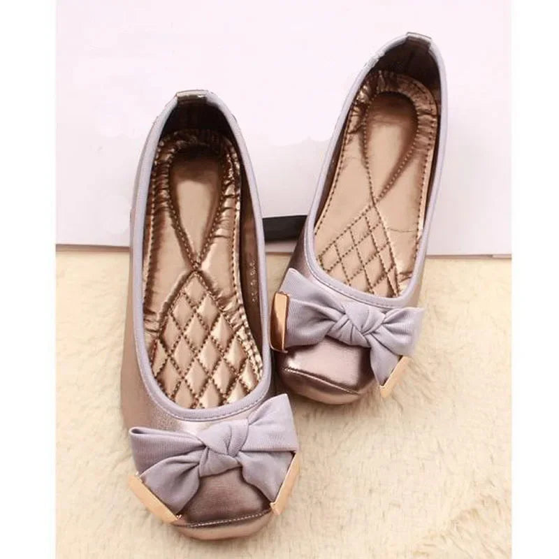 Spring Summer Shoes Women Ballet Flats Sweet Flat Bowknot Laides Brand Shoes Plus Size 41 Black Gold D069