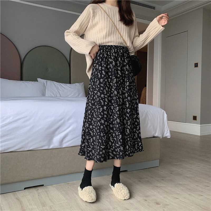 Vintage Floral Print A-line Pleated Long Skirts Summer Women Korean Skirt Streetwear Drawstring Elastic Waist Midi Skirt