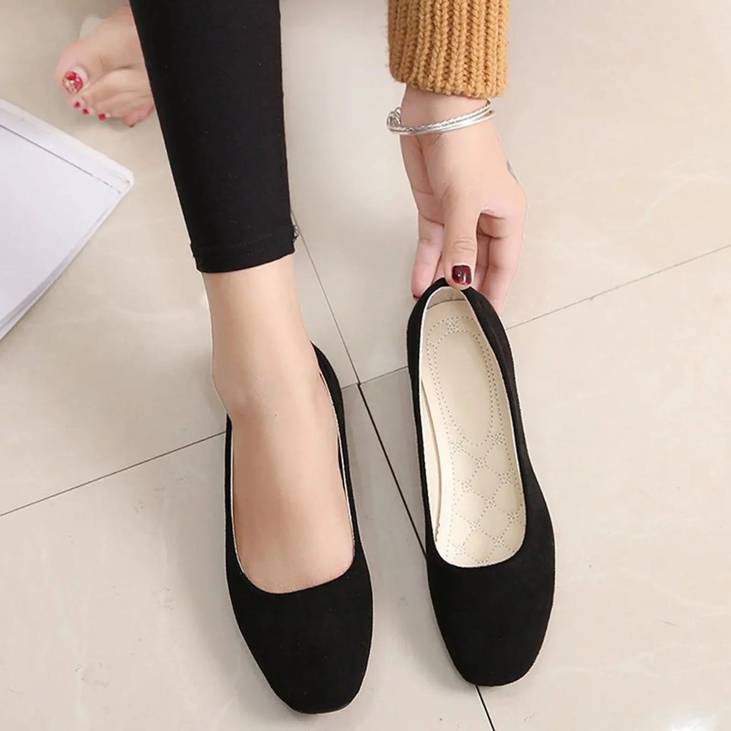 Women Suede Square Flat Heel Shallow Female Shoes Spring Summer Square Toe Basic Concise Women Pumps Size 34-39