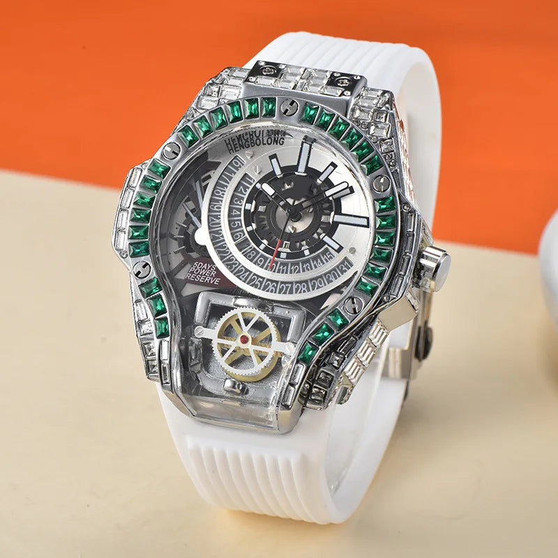 Hochwertige Iced Diamond Uhr Herren Grüner Diamant Hip Hop Stil Automatik Manuell Mechanisch Business Stil Quarzuhr