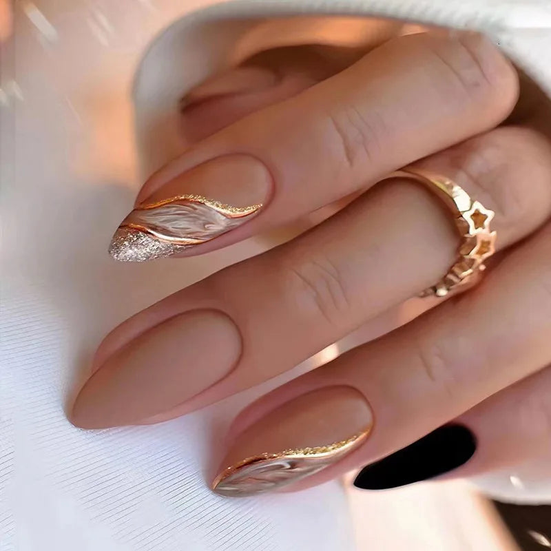24Pcs Finished False Nails Detachable Long Almond Fake Fingernails French Pink Wave Line Designs Press on Nails Manicure Tips
