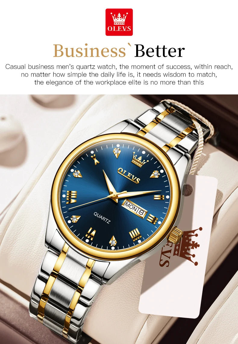 OLEVS Brand Men's Quartz Watch Stainless Steel Waterproof Luminous Fashion Strap Business Men's Quartz Wristwatch Gold Watch