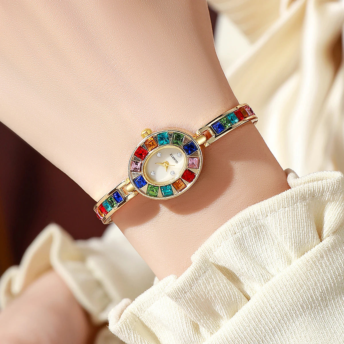 2PC Women's Retro Style Quartz Watch Elegant Ladies' Style Colorful Diamond Set Dial Trendy New Watch With Bracelet Holiday Gift