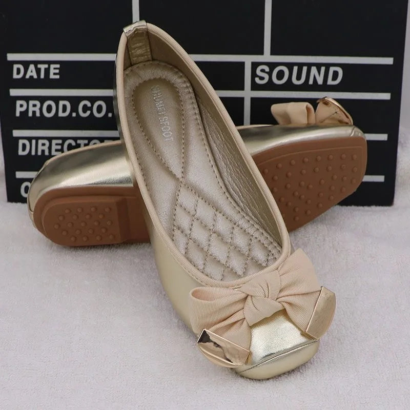 Spring Summer Shoes Women Ballet Flats Sweet Flat Bowknot Laides Brand Shoes Plus Size 41 Black Gold D069