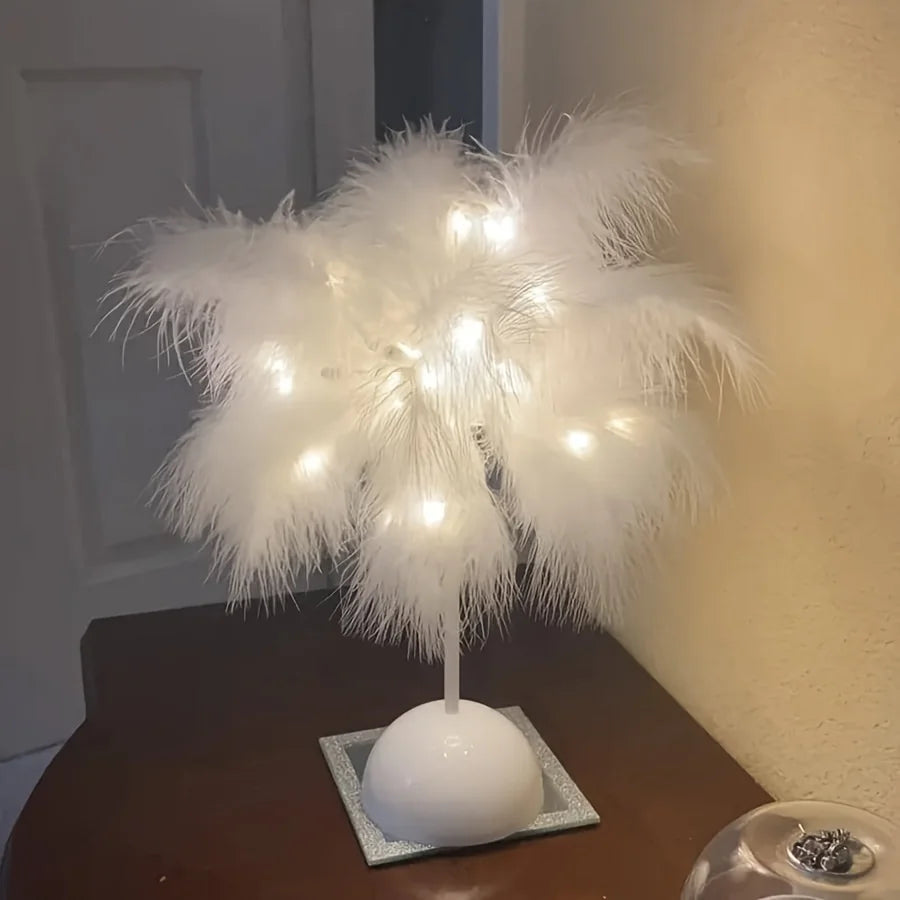 Creative Feather Table Lamp Warm White Light Tree Feather Lampshade LED Wedding Decorative Lights Birthday Gift Home Decor