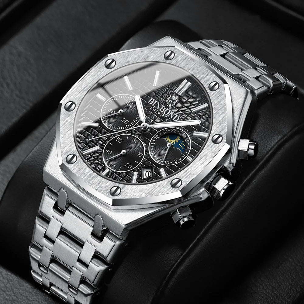 BINBOND B0161 Top box Brand Man Casual Quartz Watch Luxury Luminous Wristwatch Stainless Steel Waterproof Men Clock